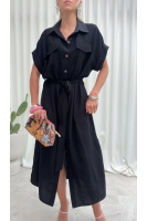Sukienka Koszulowa Maxi Premium Wiązana w Pasie Elegancka Oversize Guziki Kieszenie - czarny